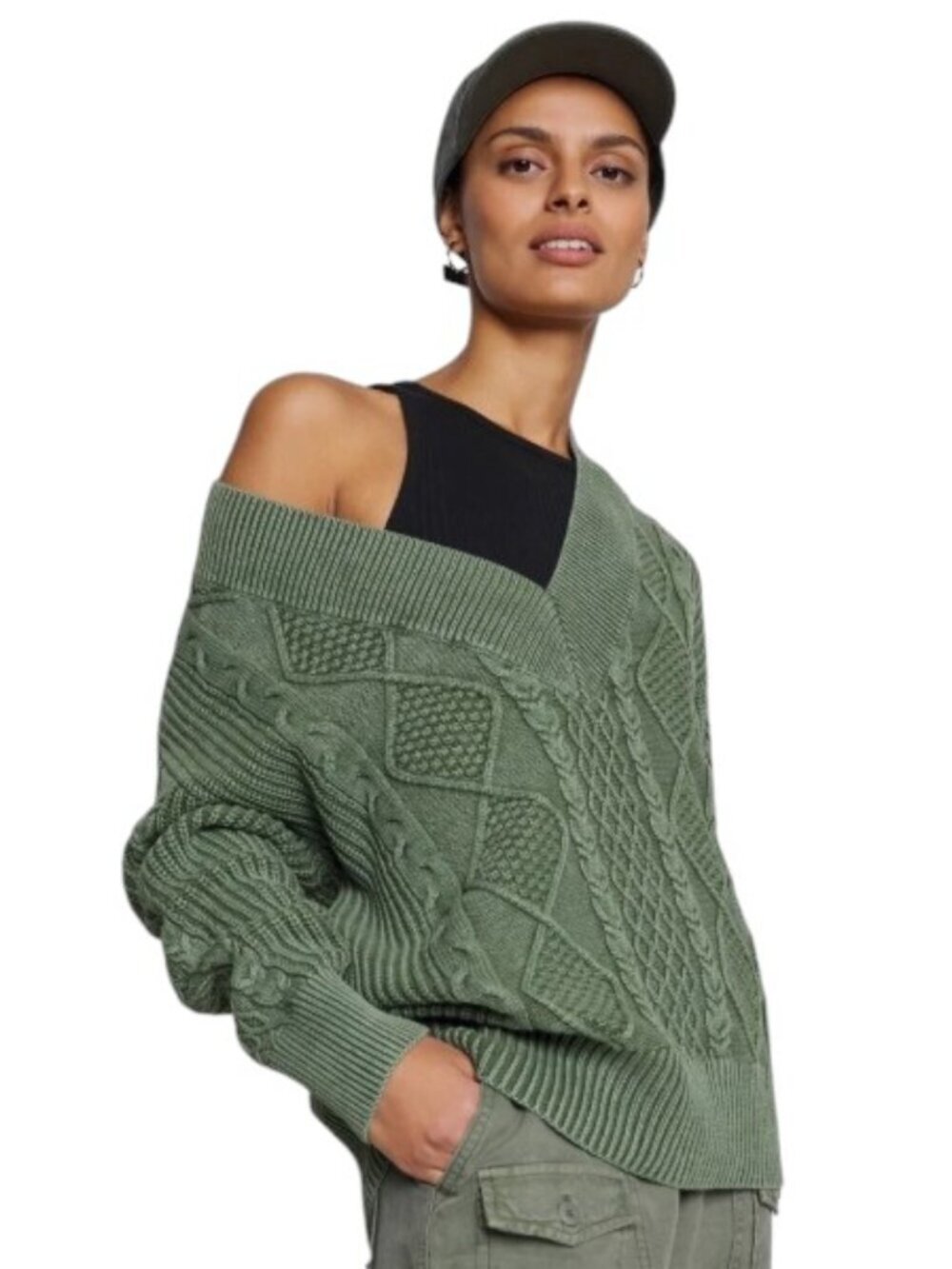 Aerie Sage Green Cable Knit V-Neck Sweater 100% Cotton Oversized Slouchy Large